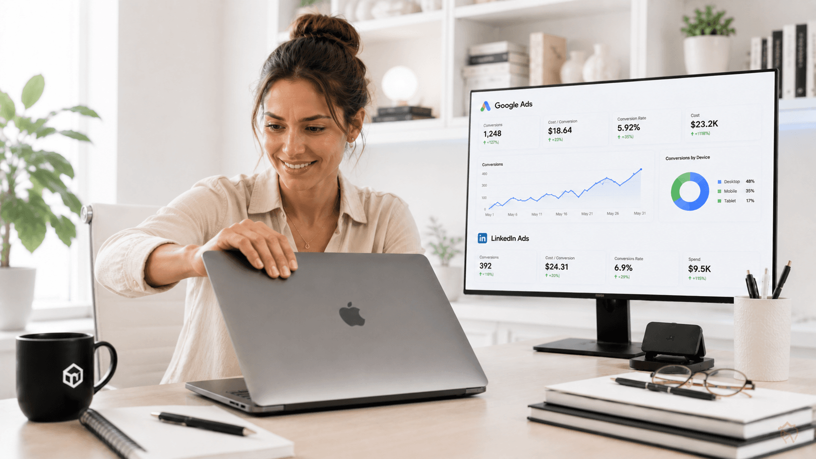 Marketing professional reviewing strong Google Ads and LinkedIn Ads results on screen