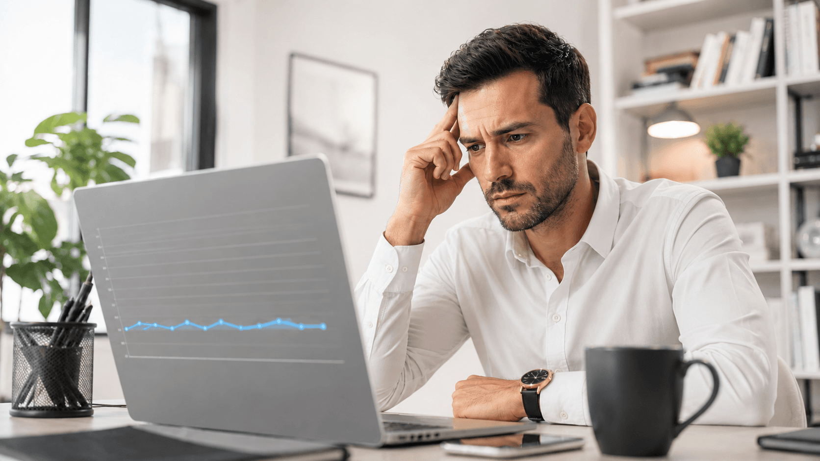 Business professional concerned while reviewing flat performance analytics